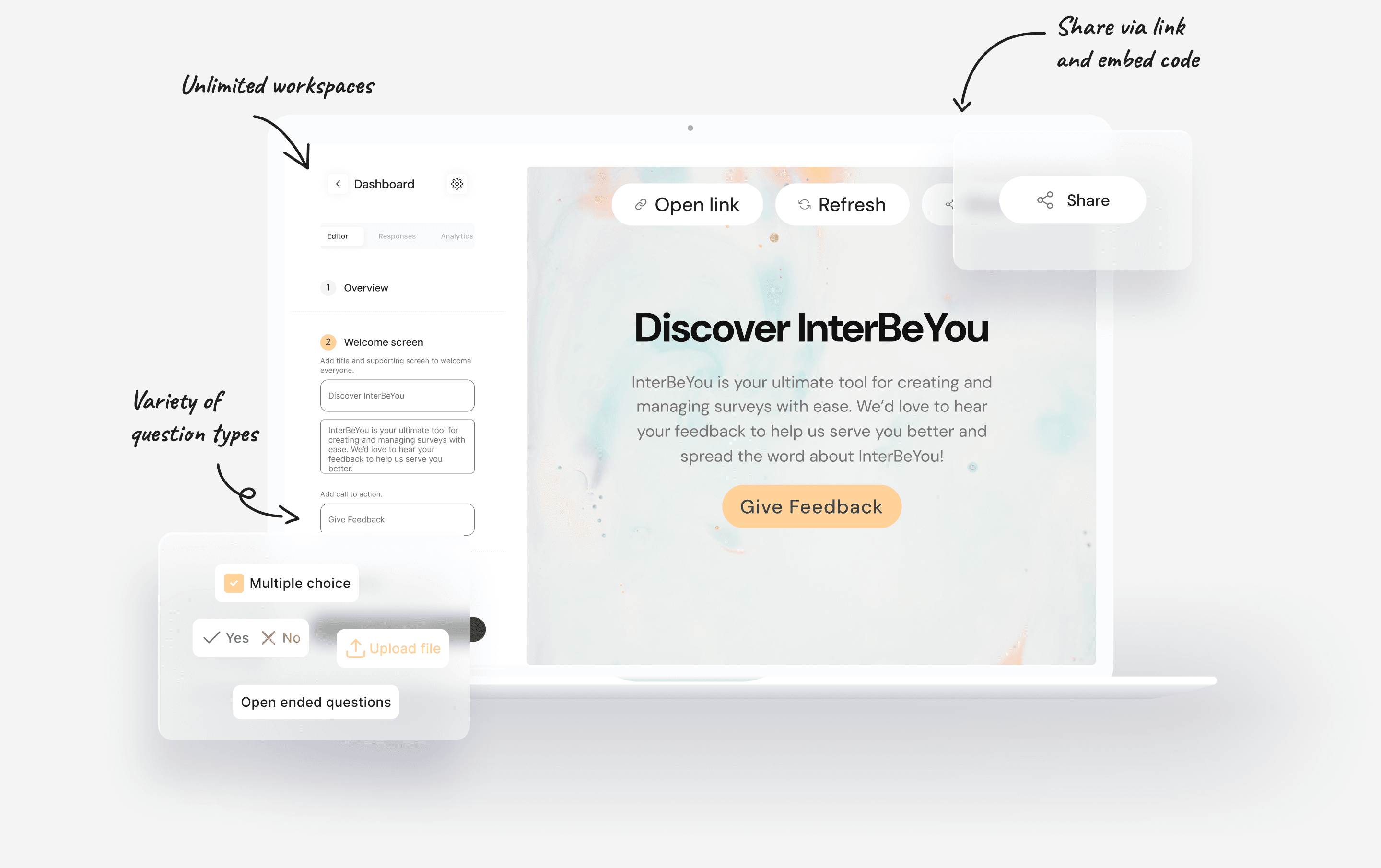 InterBeYou AI survey builder displayed on a MacBook laptop